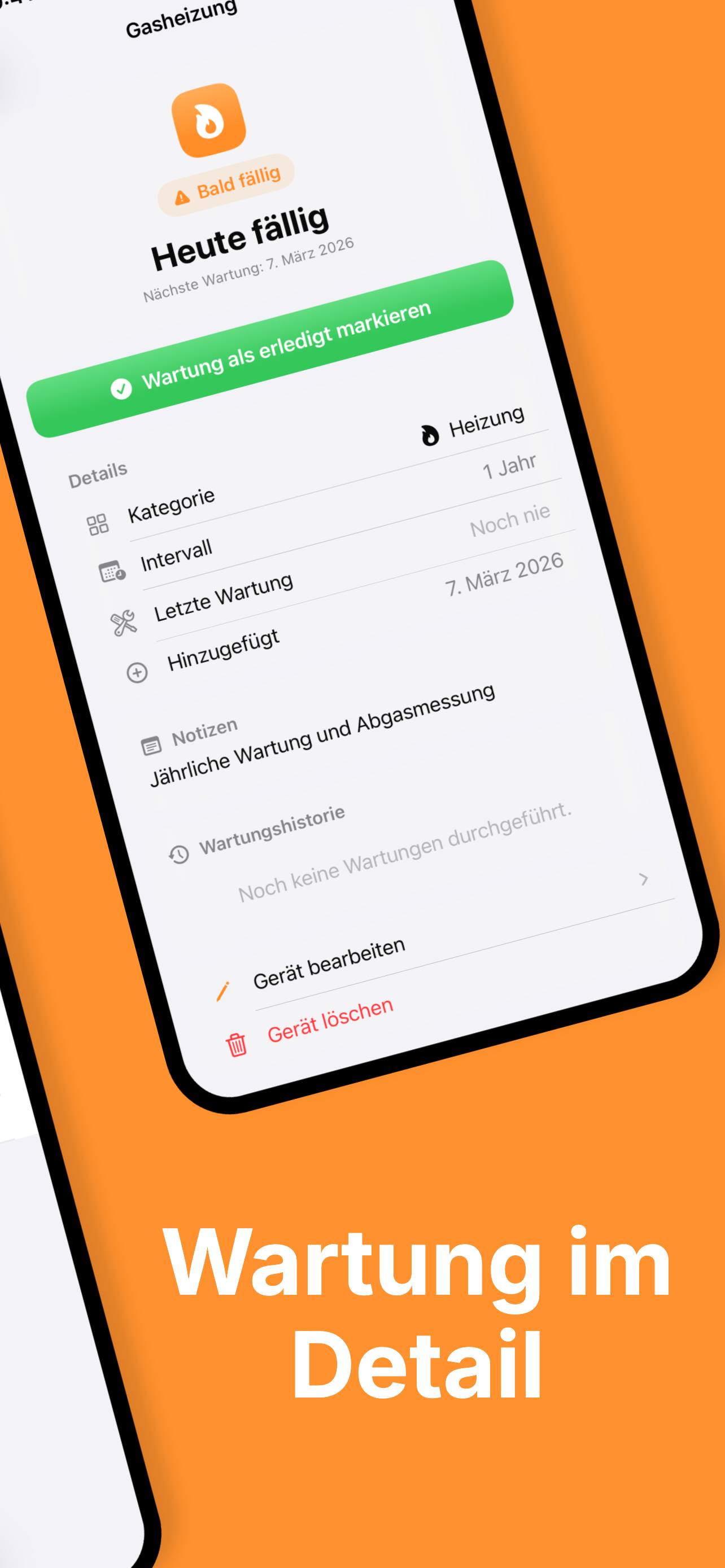 Home-Check Detailansicht eines Geräts mit Fälligkeit und Historie