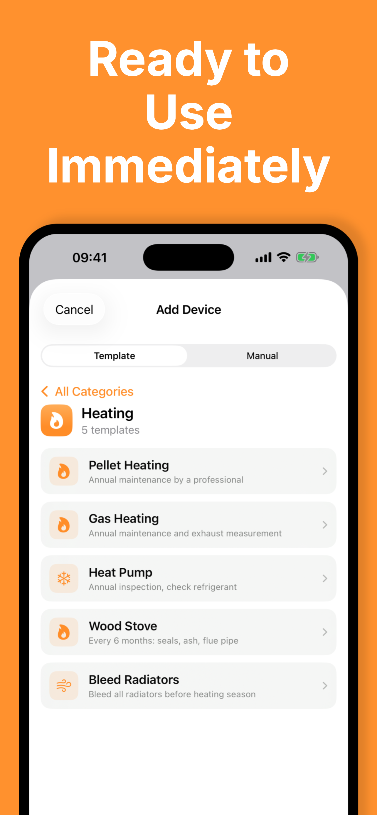 Home-Check template list for heating maintenance